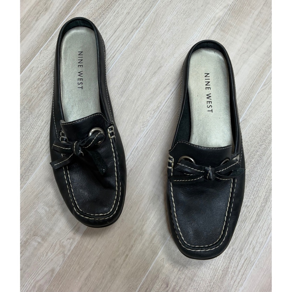 Nine West Womens Black Leather Slip On Mules Loafers Shoes Size 7M